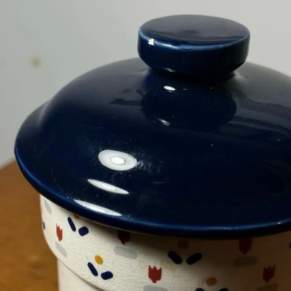 Vintage JCPenney Country Borders Ceramic Canister Blue Tulip Lid Japan 1983